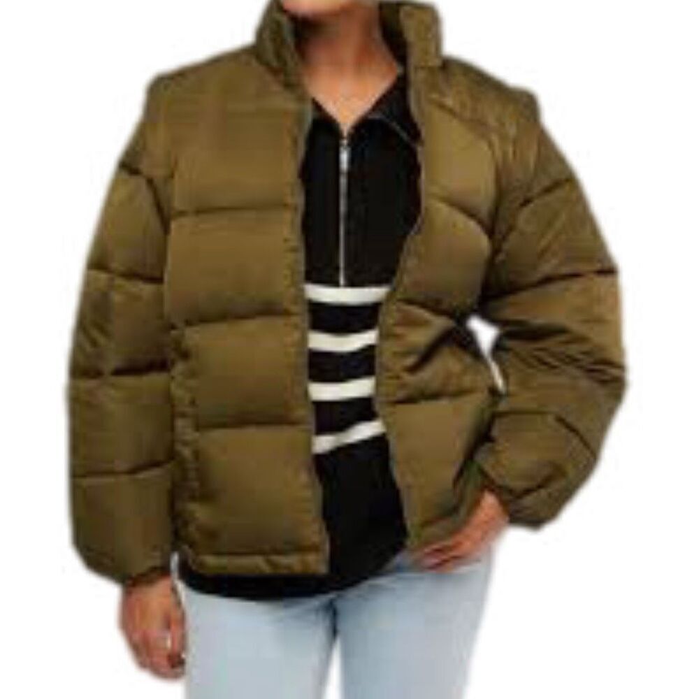 NWT WeWoreWhat nylon puffer jacket in olive. Size XS
